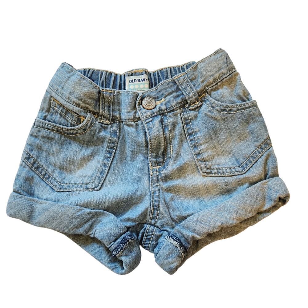 Old Navy Girls Jean Shorts Size 2T Blue Cuffed Pockets Adjustable Waistbands
